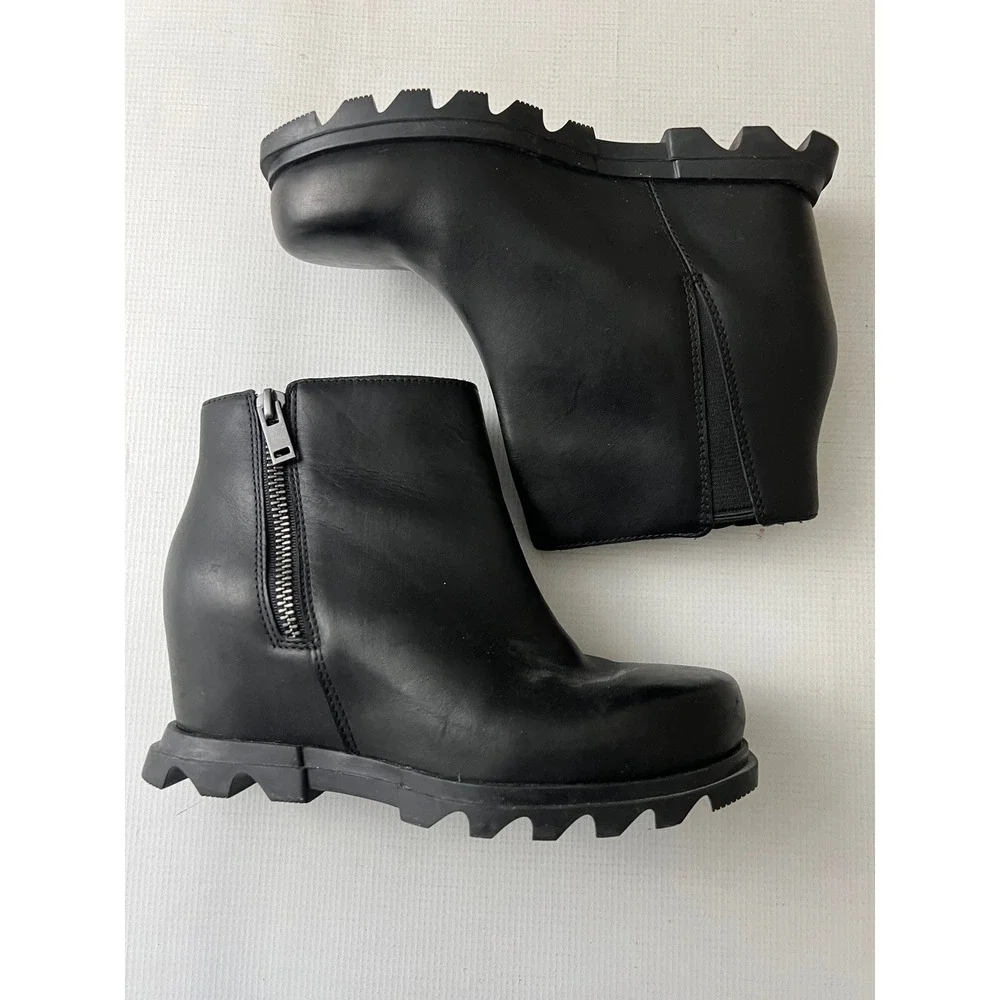 Sorel Joan‎ of Arctic Wedge III Zip Boots Women 7.5 Black Leather NL4372-010